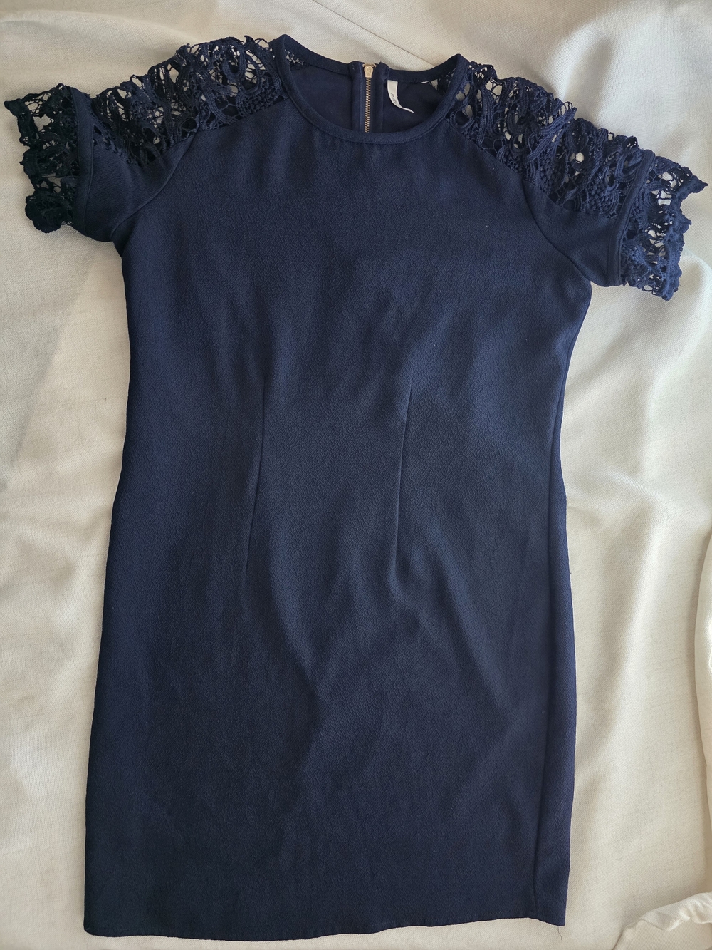 Mittoshop Women's Navy Blue Lace Sleeve Shift Dress Size M Medium Underlining
